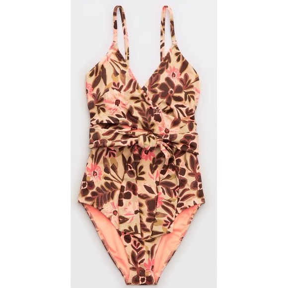 Aerie Women's Wrap One Piece Flroal Pink Swimsuit Sz XL Padded Summer NWT! - Picture 4 of 12